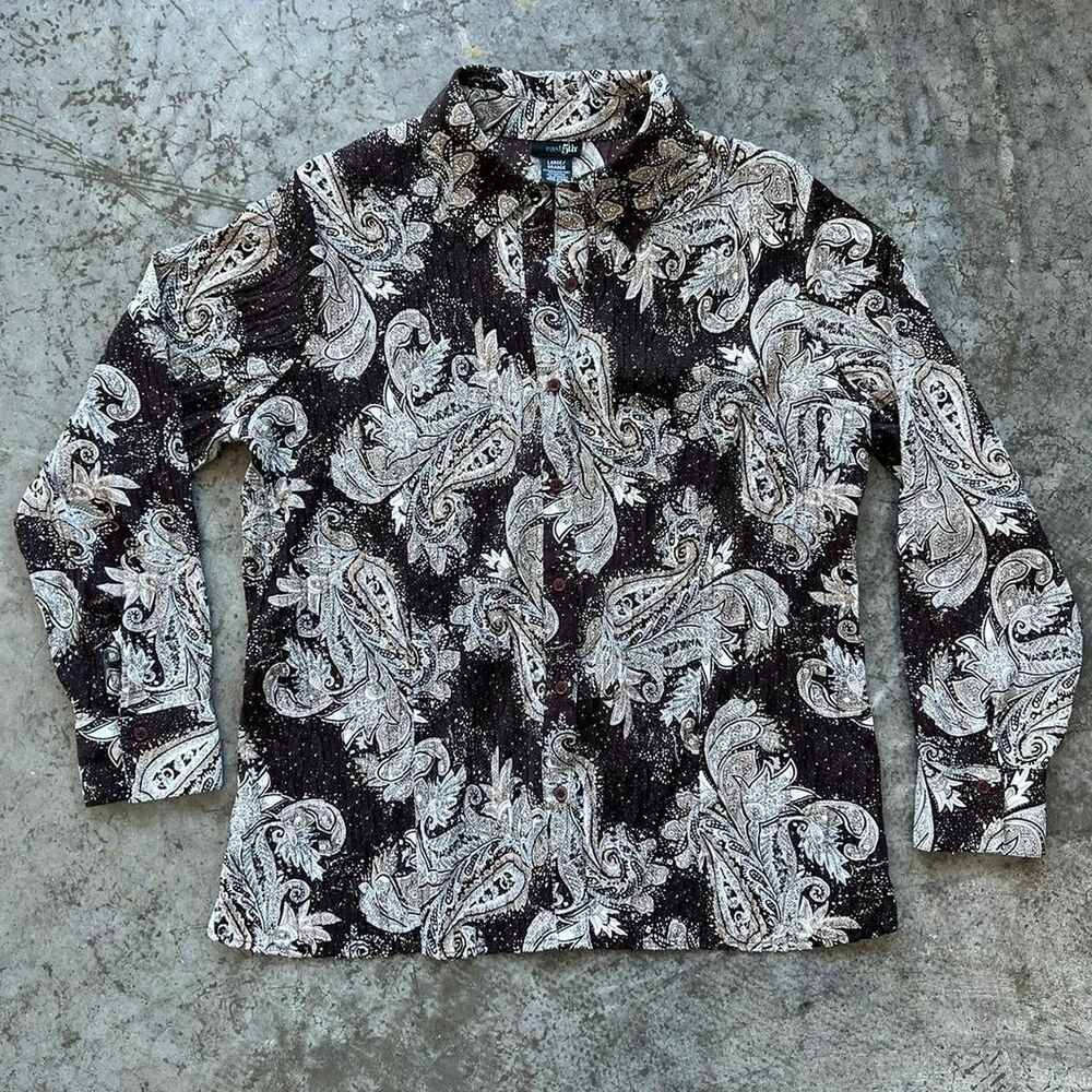 East 5th Brown Paisley Crinkle Pleat Button Down Blouse Size Large